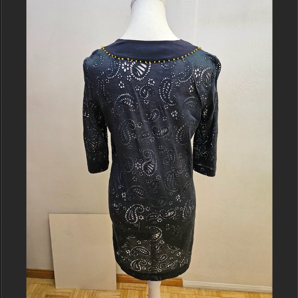 PHILLIP LIM 3.1 Navy Blue Eyelet Yellow Silk Tunic Kurta Style Mini Dress S - Picture 2 of 7